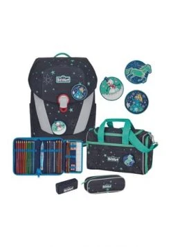 Scout® Ranzenset Sunny II LED Sternenhimmel, 4-teilig Dunkelblau/ Türkis/ Silber